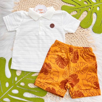 Conj. Camiseta e Bermuda Folhagem - Off White e Laranja